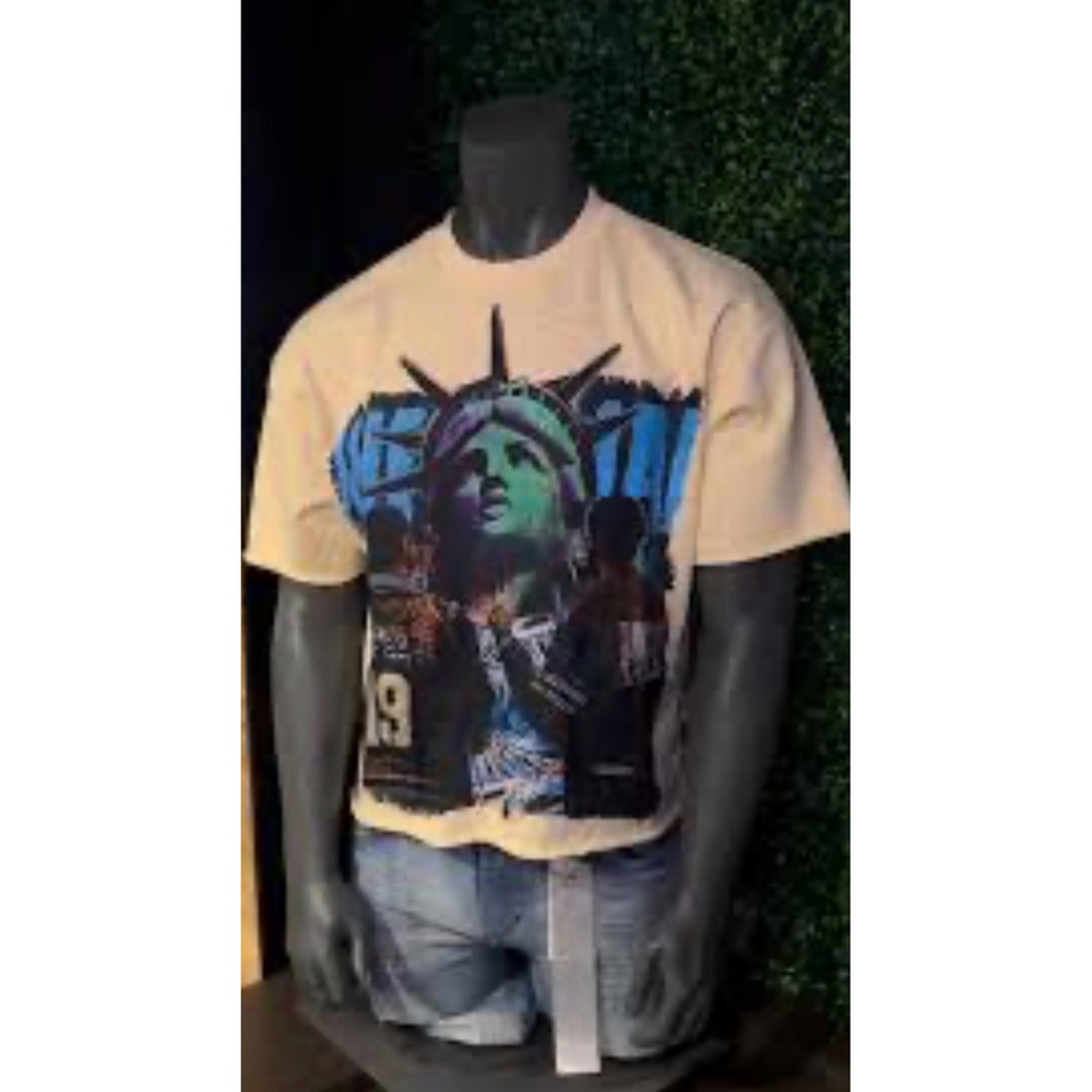 BKYS unisex Small Cream Statue of Liberty Graphic Rhinestone Streetwear T-Shirt